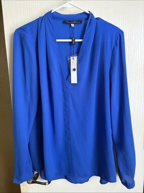 Rose and Olive Cobalt V-Neck Long Sleeve Blouse